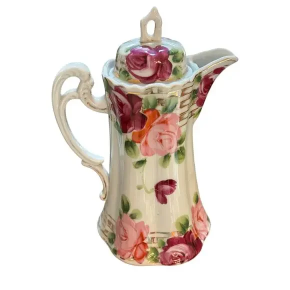 Vintage Hand Painted coffee tea pot & lid white porcelain pink & red roses